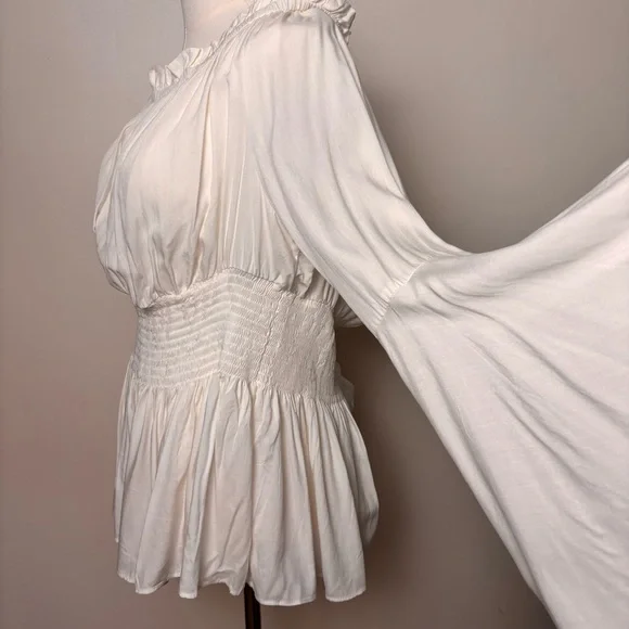 Belle Pogue White Smocked Waist Peasant Blouse Bell Sleeve Festival Top Sz 2XL - Picture 5 of 13